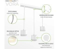 Ssc-luxon vora pakabinamas šviestuvas 3-bulb baltas su šviesos kraštu - pakabinamas šviestuvas valgomojo stalui su tekstiliniais kabeliais, reguliuojamo ilgio, skirtas 3x gx53