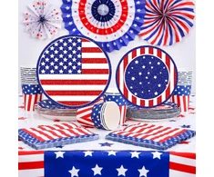 Stalo įrankių rinkinys 16 svečių usa liepos 4-osios amerikos vakarėliui, skirtas amerikos vakarėliui, usa vakarėliui, bbq popierinių indų dekoravimui