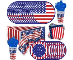 Stalo įrankių rinkinys 16 svečių usa liepos 4-osios amerikos vakarėliui, skirtas amerikos vakarėliui, usa vakarėliui, bbq popierinių indų dekoravimui