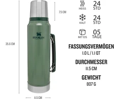 Stanley Classic Legendary Termosas, 1 L, palaiko karštą arba šaltą 24 valandas, nerūdijančio plieno termosas, be Bpa, galima plauti indaplovėje, Hammertone Žalias
