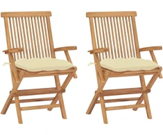 Sulankstomos kėdės su kreminės baltos spalvos pagalvėlėmis, 2 vnt., masyvi tikmedžio mediena