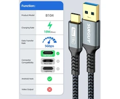 Sunguy usb c kabelis, [2 vnt. po 3 m] usb c į usb 5 gbps type c kabelis ir nailono pintas duomenų kabelis usb c, suderinamas su iphone 16/15 pro max, galaxy s24 s23, android auto