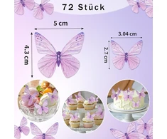 Suofuolef 72 vnt. drugelių valgomų tortų dekoracijų rinkinys, violetinė 3d torto dekoracija, valgoma keksiukų dekoracija vestuvėms, gimtadieniui, jubiliejui