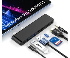 Surface Pro 9 dokas, suderinamas su Surface Pro 10/11/x - Surface Pro 9 adapteris su Thunderbolt 4 (vaizdas + duomenys + 100 W Pd), 4k Hdmi, 2 x Usb 3.0, Sd/tf kortelių skaitytuvas, 3,5 mm audio Surface Pro 9
