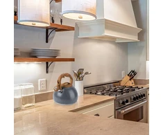 Švilpukas virdulys Stone Marble Finish arbatinukas nerūdijančio plieno švilpiantis virdulys su medine anti-karščio rankena, pilkas