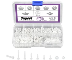 Swpeet 360 vnt. 6 dydžių M3 baltos spalvos nailoninės apvalios galvutės varžtai su šešiabriaunėmis veržlėmis ir sandariklių rinkiniu, nailoninis Phillips kryžminis apvalios galvutės varžtas, ilgis 4/5/6/8/10/12 mm