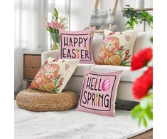 Tarklanda Happy Easter pagalvėlių užvalkalai su zuikiais, tulpėmis, velykiniais kiaušiniais, 4 vnt., 45 x 45 cm, Hello Spring dekoratyviniai pagalvėlių užvalkalai, velykiniai pagalvėlių užvalkalai sofai, svetainei