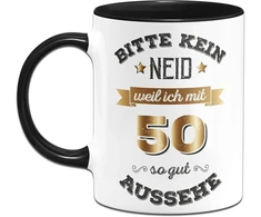 Tassenbrennerei puodelis su užrašu "bitte kein Neid weil ich mit 50 so gut aussehe" - juokingas kavos puodelis gimtadieniui kaip gimtadienio dovana - pokšto prekė
