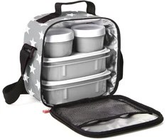 Tatay šaltkrepšis mažas, 3 l talpos, 4 plastikiniai maisto indai (2 x 0,5 l, 2 x 0,2 l) be Bpa, pilkas su žvaigždėmis. Matmenys: 22,5 x 10 x 22 cm