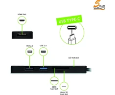 Tecnoware Usb-c 5-in-1 Adapteris: Hdmi 4k, Usb 3.0, Sd/microsd