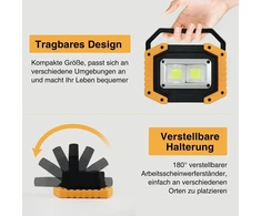 Tekstap Led statybinis prožektorius su baterija, nešiojama kempingo lempa, 2 x Cob 30 W 1500 Lm Led darbo lemputė Usb garažui, lauko stovyklavimui, žvejybai, avarinėms statybvietėms, 3 šviesos režimai (2 vnt.)