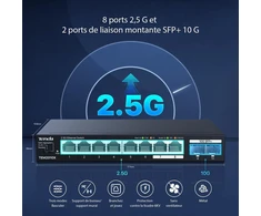 Tenda 2.5 Gbit komutatorius su 8x 2.5g prievadais ir 2x 10g Sfp+ prievadais (vlan, statinė agregacija, be ventiliatoriaus, Plug &amp; Play, montuojamas ant stalo/sienos, nevaldomas, metalinis korpusas) (tem2010x)
