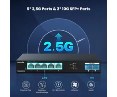 Tenda Tem2007x 2.5gbit komutatorius su 5 x 2.5g prievadais ir 2 x 10g Sfp+ prievadais, nevaldomas 2.5 gigabito ethernet Lan komutatorius (plug and play, be ventiliatoriaus, montuojamas ant stalo/sienos, metalinis korpusas, juodas)