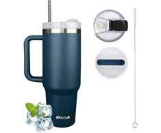 Termosas puodelis 1200ml su šiaudeliu, dangteliu ir rankena, talpus, mėlynas