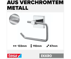 Tesa ekkro tualetinio popieriaus laikiklis, blizgus chromas, įsk. klijų sprendimą, didelė laikymo galia (iki 6kg), 53 mm x 140 mm x 99 mm