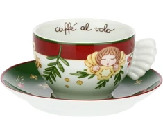 Thun, 2 vidutinių porcelianinių puodelių rinkinys, Christmas Surprises kolekcija, rinkinys namams ir virtuvei, dovanos idėja Kalėdoms, puodelio skersmuo 9 cm, 6 cm, aukštis 180 ml, lėkštutės skersmuo 14.5 cm