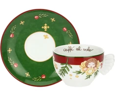 Thun, 2 vidutinių porcelianinių puodelių rinkinys, Christmas Surprises kolekcija, rinkinys namams ir virtuvei, dovanos idėja Kalėdoms, puodelio skersmuo 9 cm, 6 cm, aukštis 180 ml, lėkštutės skersmuo 14.5 cm