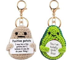 Ticklely bulvės ir avokado raktų pakabukų rinkinys, juokinga megzta bulvė su raktų žiedu, mini pliušinės figūrėlės, dovana draugui, su pozityvių žinučių kortelėmis, 2 vnt., juodas