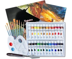 Topsics 37 dalių akrilinių dažų rinkinys, 24 x 12 ml netoksiškų akrilinių dažų rinkinys pradedantiesiems, menininkams, su 10 teptukų, 1 maišymo palete, 1 drobe ir 1 grandikliu, puikiai tinka drobei, medžiui, audiniui