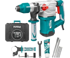 Total kombinuotas plaktukas 1500 W | 5.5 J smūgio energija | 850 Rpm plienui, medžiui ir betonui | Sds-plus kotas, įskaitant 3 grąžtus ir 2 kaltus | Balta ir mėlyna, 1/2 colio, metalas