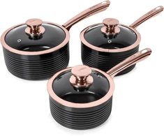 Tower T800001rb Linear Rose Gold 3 dalių puodų rinkinys, 16 cm, 18 cm ir 20 cm, juodos ir rožinio aukso spalvos