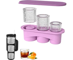 Toyone Stanley Cup ledo kubelių forma - silikoninė ledo kubelių forma su dangteliu, 3 skyrių ledo kubelių forma 40 oz gertuvėms, viskiui, kokteiliams ir kt. (violetinė)