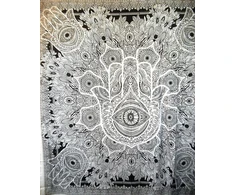 Tradicinis didelis Jaipur Hamsa rankos gobelenas, Fatima rankos sienų dekoracija, Indijos bendrabutis, kambario dekoracija, Hippie Bohemian sėkmės sienų dekoras, 88 x 95 colių