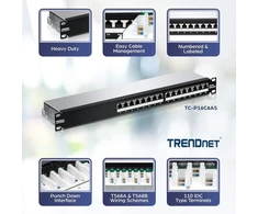 Trendnet Tc-p16c6as 16 prievadų Cat6a ekranuota patch panelė, 1u 19" metalinis korpusas, suderinama su 10g, suderinama su Cat5e / Cat6 / Cat6a Ethernet kabeliais, kabelių valdymas