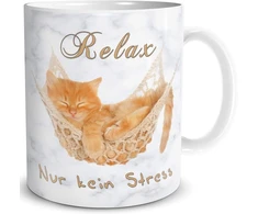 Triosk puodelis katė relax no stress su posakiu juokingas katės motyvas dovana poilsiui atsipalaidavimui kačių mylėtojams moterims draugei keramikinis 300 ml