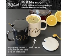 Triple Gifffted puodelių rinkinys "mr and Mrs" su dangteliu/arbatiniu šaukšteliu vestuvių metinėms, poroms, vyrams, moterims, nuotakai, jaunikiui, vestuvių dovanos jaunavedžiams, kalėdų proga, keraminiai, 380 ml
