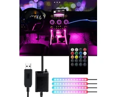 Trongle automobiliniai vidaus žibintai, atsparūs vandeniui, su 4 vnt. 48 led, 8 spalvų, su garso jutikliu ir nuotoliniu valdymu, usb prievadas, automobilinis įkroviklis, šviesos juosta, muzikos garsu aktyvuojamas apšvietimas