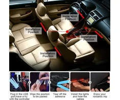 Trongle automobiliniai vidaus žibintai, atsparūs vandeniui, su 4 vnt. 48 led, 8 spalvų, su garso jutikliu ir nuotoliniu valdymu, usb prievadas, automobilinis įkroviklis, šviesos juosta, muzikos garsu aktyvuojamas apšvietimas