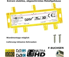 Tronicxl 6 krypčių skirstytuvas premium tv kabelio adapteris antenos skirstytuvas kabelinė televizija dvbc, pvz., unitymedia skirstytuvui unicable 6 krypčių hd suitable 4k hdtv dc passage fm radio palydovinės sistemos