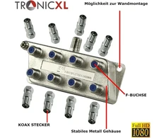 Tronicxl 8 krypčių sat skirstytuvas bk palydovinis skirstytuvas 8 abonentams tv kabelio adapteris antenos skirstytuvas kabelinė tv dvbc, skirtas catv vodafone unitymedia unicable aerial sky hd suitable 4k 3d