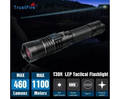 Trustfire T30r Lep žibintuvėlis 460 liumenų, 1100 m atstumas su 3000 Mah baterija, 1 x Usb C įkrovimo laidas, 1 x žibintuvėlio laikiklis, 1 x medžiaginis krepšys, 1 x rankinis dirželis - įkraunamas led žibintuvėlis