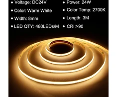 Ttway Cob led juosta 3 m, 2700 K šiltai balta led juosta su maitinimo šaltiniu ir nuotolinio valdymo pulteliu, Dc24 V, 480 led/m, Cri 90+, 8 mm pločio, pritemdomos šviesos juostos miegamojo dekoravimui
