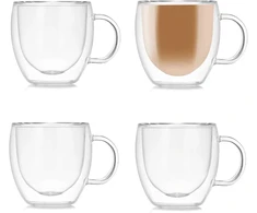 Tuihja dvigubų sienelių kavos puodelių rinkinys su rankenėle, dvigubo stiklo puodeliai espresui, latte, cappuccino (150 ml), 4 vnt.