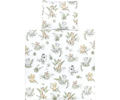 Tuptam unisex kūdikio lovelės komplektas, 4 dalių patalynės komplektas su antklode ir pagalve su užvalkalu, spalva: safari/liūtas/ruda/lapai/žalia, dydis: 80 x 80 cm