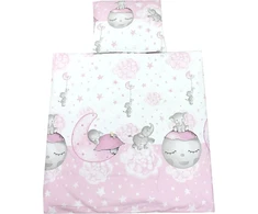 Tuptam unisex vaikiškas lovelės komplektas, 4 dalių patalynės komplektas su antklodės ir pagalvės užvalkalais, mėnulis su drambliu rožinis, dydis: 80 x 80 cm