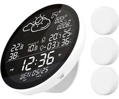 Tuya Wifi išmani meteorologijos stotis su laikrodžiu, vidaus ir lauko temperatūros bei drėgmės matuoklis, daugiafunkcis meteorologijos laikrodis su dideliu spalvotu ekranu, temperatūros ir drėgmės matuoklis su 3 jutikliais