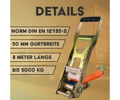 Tvirtinimo diržas su ilga svirtine terkšle ir kabliu, 50 mm pločio, 8 m ilgio, iki 5000 kg, oranžinis tvirtinimo diržas kroviniams tvirtinti su dvigubais kabliais, juosta, tvirtinimo diržas 8 m