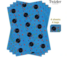 Twizler berniukų dovanų popierius – mėlyni vorai – 4 lapai ir 4 etiketės – 70 cm x 50 cm sulankstyti lapai – mielas gimtadienio dovanų pakavimas vaikams