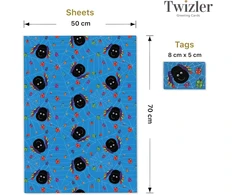 Twizler berniukų dovanų popierius – mėlyni vorai – 4 lapai ir 4 etiketės – 70 cm x 50 cm sulankstyti lapai – mielas gimtadienio dovanų pakavimas vaikams