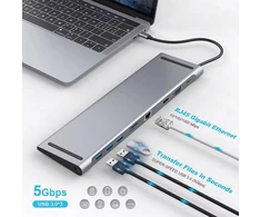 Tymyp 10-in-1 triguba doko stotis Usb C, dvigubas monitoriaus Usb C šakotuvas su 4k Hdmi, Vga, 3 x Usb 3.0, Pd 100 W, Ethernet, Sd/tf lizdai, nešiojamojo kompiuterio doko stotis, suderinama su nešiojamuoju kompiuteriu ir Windows