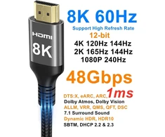 Ubluker 8k Hdmi kabelis, 10 m, didelės spartos Hdmi kabelis, 4k@120 Hz, 8k@60 Hz, nailoninis pynimas Earc Dts:x Dolby Atmos Dynamic Hdr Hdcp 2.3, suderinamas su Rtx 4090, Mac, garso juostomis, Ps5 5, XBOX, žaidimų kompiuteriais