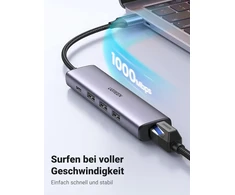 Ugreen usb šakotuvas ethernet adapteris gigabitinis lan adapteris su 3 usb 3.0 prievadais 1000 mbps usb tinklo adapteris su aliuminio korpusu, pintas kabelis plug &amp; play windows 11/10/8, mac os