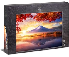 Ulmer Puzzleschmiede - dėlionė "kawaguchiko am Fuji" - klasikinė 1000 dalių dėlionė - kraštovaizdžio motyvas su Fudzijamos kalnu, atsispindinčiu rudeniniame Kawaguchiko ežero veidrodyje, Japonija