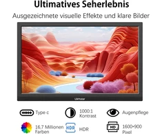 Ulrhzar nešiojamas monitorius 17.3 colių 1600 x 900 ekranas 60hz Usbc kelioniniai Hdmi monitoriai su garsiakalbiais nešiojamam kompiuteriui, Pc, telefonui, Ps4/5, nešiojamas monitorius