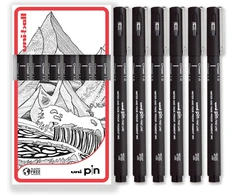 Uni Pin Fineliner braižymo rašikliai su plokščiu galiuku, juodas rašalas, 1,0 mm galiukas, 6 vnt., supakuoti į dovanų dėžutę