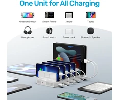 Unitek 60 W mobiliųjų telefonų įkrovimo stotelė su 10 prievadų, Usb įkrovimo stotelė keliems įrenginiams su Smartic technologija ir reguliuojamu skyriklis planšetiniams kompiuteriams ir kitiems Usb įrenginiams